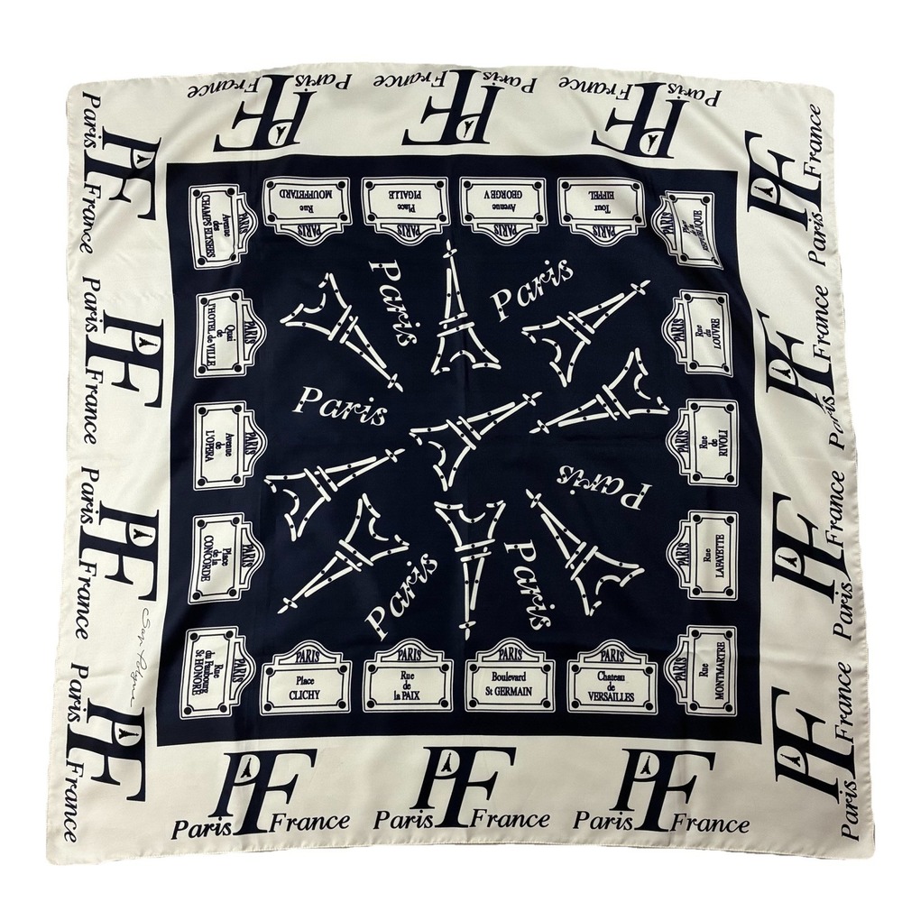 VTG San Polyne Paris France Eiffel Tower Square Scarf Navy Ivory 34x34 Parisian